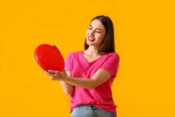 Beautiful Young Woman Playing Frisbee Color Background — Stock Photo, Image