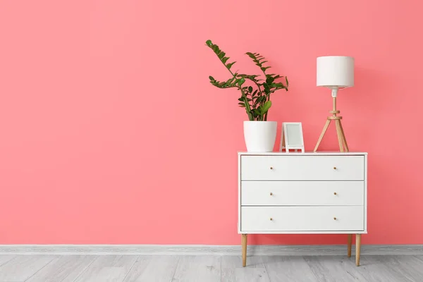 White Lamp Frame Houseplant Chest Drawers Pink Wall — Stock Photo, Image
