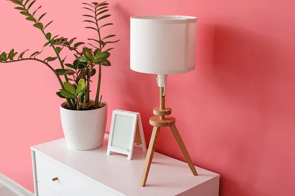 White Lamp Frame Houseplant Shelf Pink Wall — Stock Photo, Image