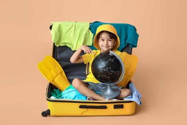 Little Boy Globe Suitcase Color Background — Stock Photo, Image