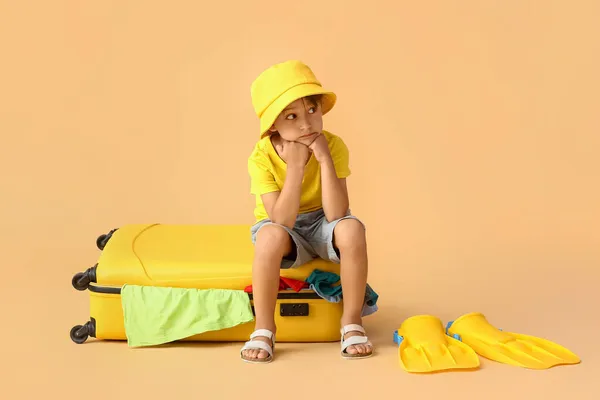 Upset Little Boy Suitcase Color Background — Stock Photo, Image
