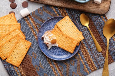 Lezzetli S 'mores soslu tabak ve hafif arka planda krakerler.