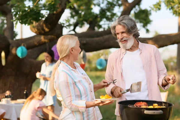 Happy Elderly Couple Cooking Food Barbecue Party Summer Day — Stock Photo, Image