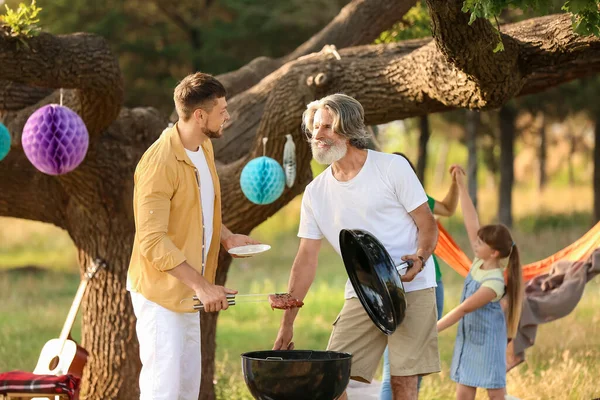 Happy Man His Father Cooking Food Barbecue Party Summer Day — Stock Photo, Image