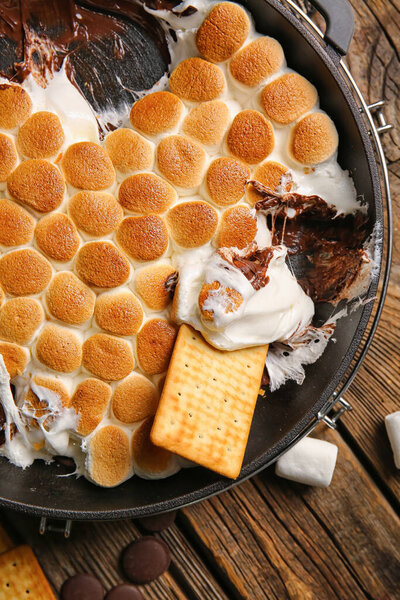 Сковородка с вкусным соусом S 'mores и крекеры на деревянном фоне