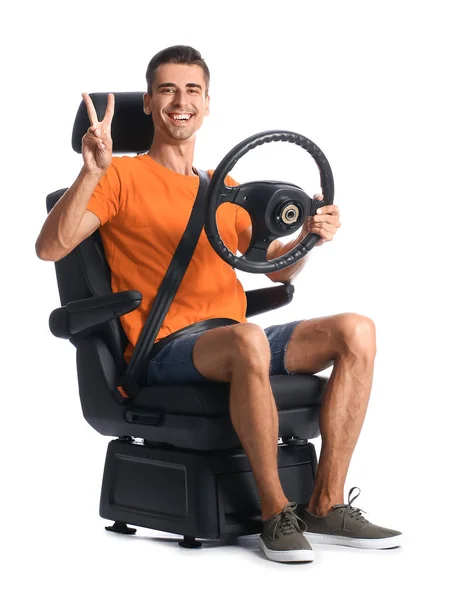 Man Car Seat Steering Wheel Showing Victory Gesture White Background — Stock Photo, Image