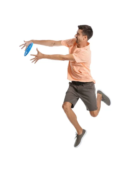 Młody Człowiek Złapać Frisbee Białym Tle — Zdjęcie stockowe