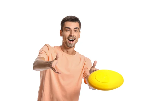 Junger Mann Fängt Frisbee Auf Weißem Hintergrund — Stockfoto