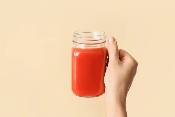 Female Hand Mason Jar Healthy Juice Color Background — Stock Photo, Image