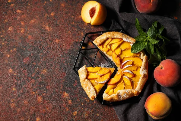 Grid Tasty Peach Galette Grunge Background — Stock Photo, Image