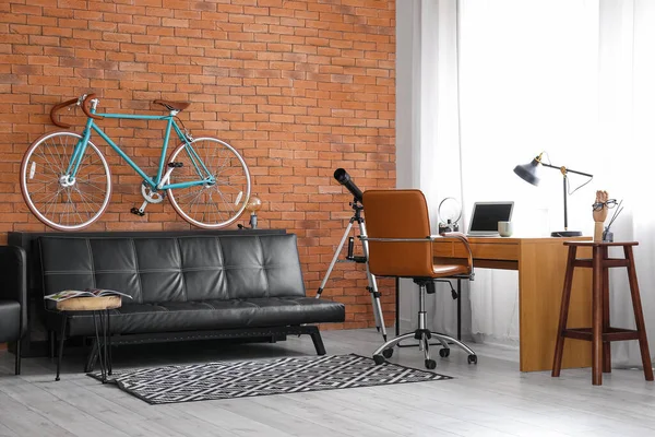 Comfortable Living Room Interior Modern Bicycle — Stock Photo, Image