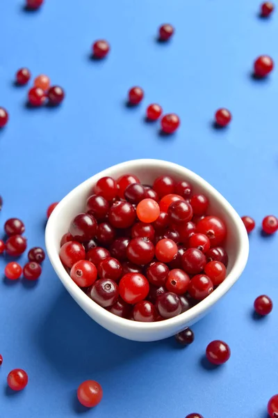 Bowl Tasty Fresh Cranberries Color Background — Stock Photo, Image