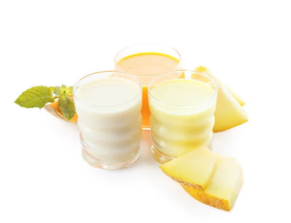 Glasses Tasty Melon Milkshake White Background — Stock Photo, Image