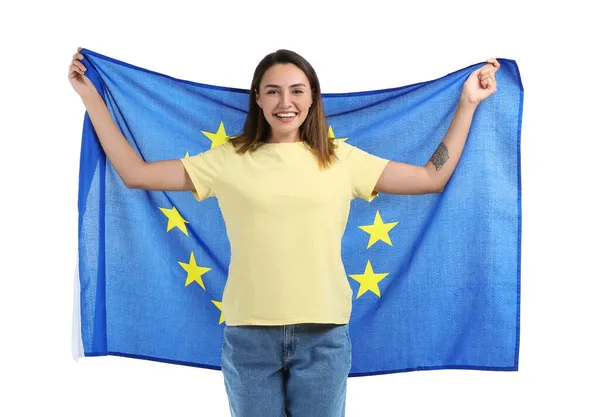 Junge Frau Mit Fahne Der Europäischen Union Auf Weißem Hintergrund — Stockfoto