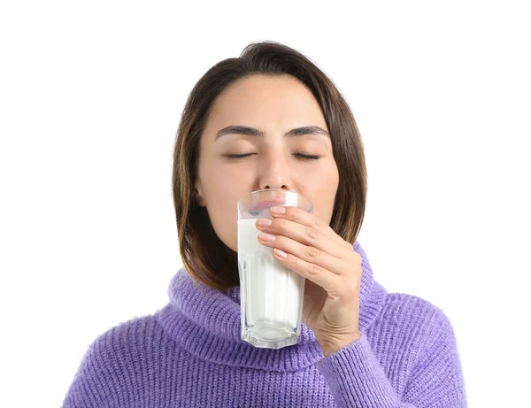 Young Woman Drinking Fresh Milk White Background — Stock Photo, Image