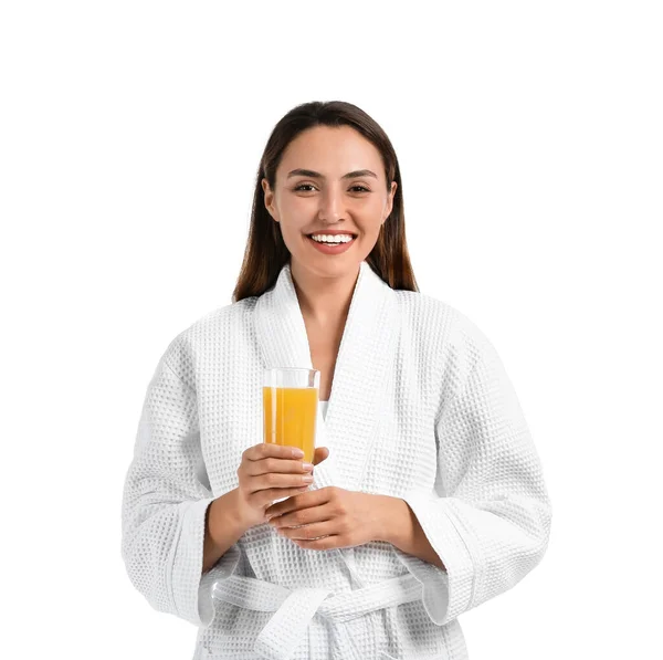 Mujer Joven Con Vaso Jugo Naranja Sobre Fondo Blanco — Foto de Stock