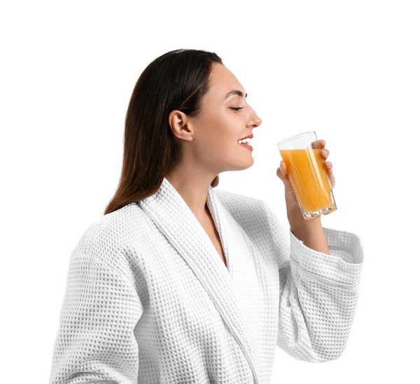 Jonge Vrouw Met Glas Sinaasappelsap Witte Achtergrond — Stockfoto
