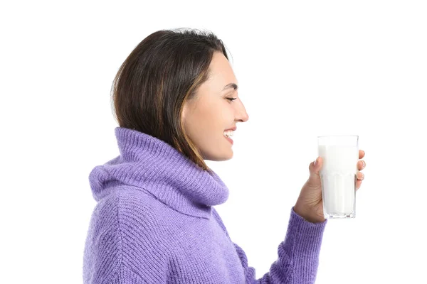 Young Woman Glass Fresh Milk White Background — Stock Photo, Image