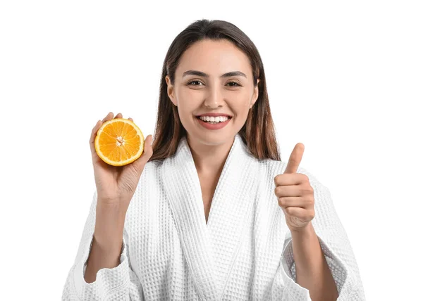 Mulher Bonita Com Laranja Fresco Mostrando Polegar Para Cima Fundo — Fotografia de Stock