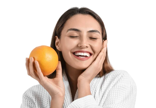 Beautiful Young Woman Fresh Grapefruit White Background — Stock Photo, Image