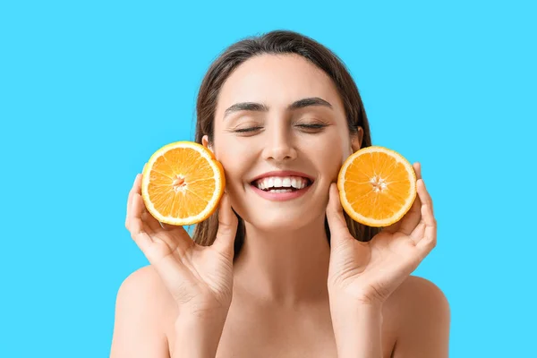 Beautiful Young Woman Fresh Orange Color Background — Stock Photo, Image