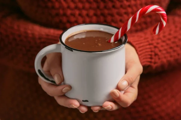 Woman Holding Cup Tasty Hot Chocolate Closeup — Stock Photo, Image