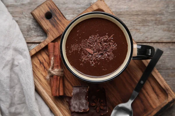 Cup Delicious Hot Chocolate Wooden Background — Stock Photo, Image