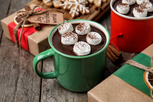 Cups Tasty Hot Chocolate Marshmallow Wooden Background — Stock Photo, Image