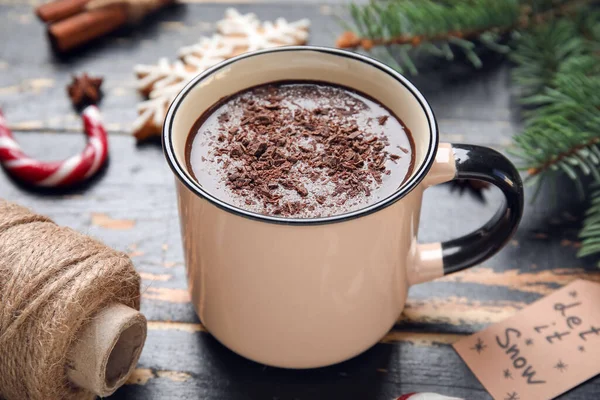Tasse Leckere Heiße Schokolade Auf Schwarzem Holzhintergrund — Stockfoto