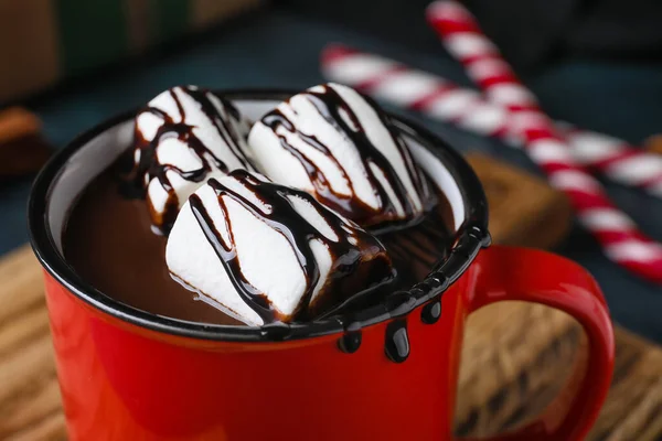 Mug Tasty Hot Chocolate Black Background Closeup — Stock Photo, Image
