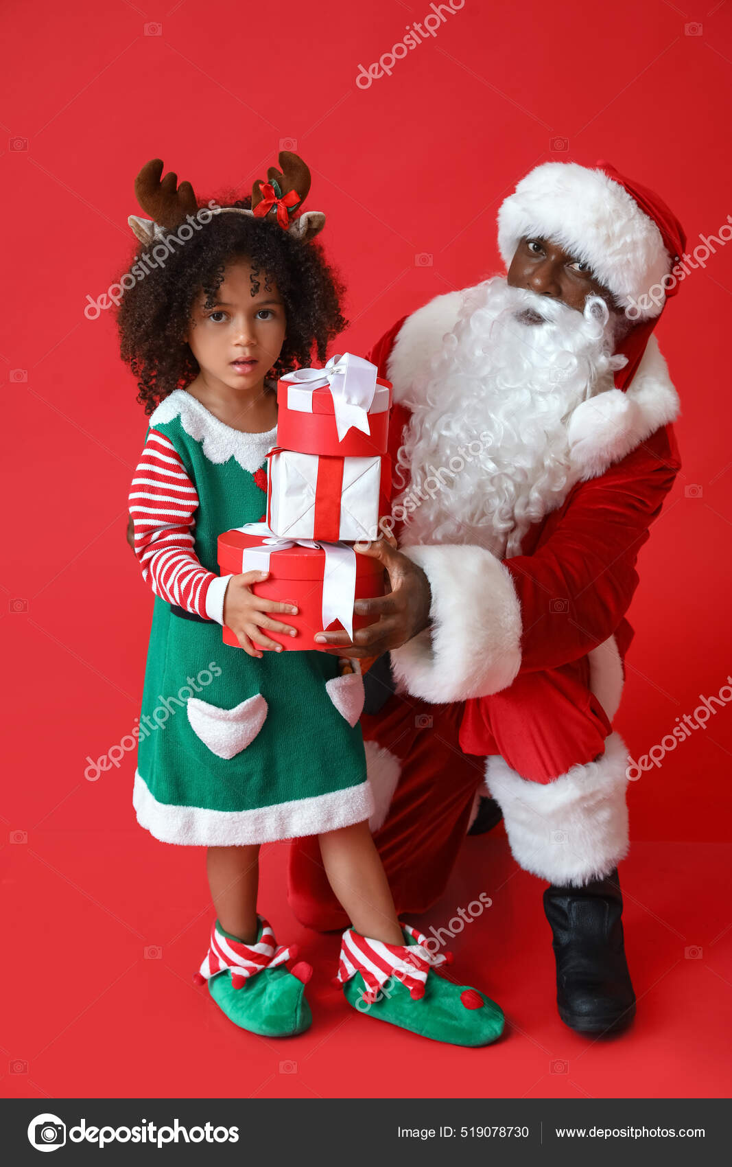 Cute Little Elf Santa Claus Gifts Red Background Stock Photo by ©serezniy  519078730