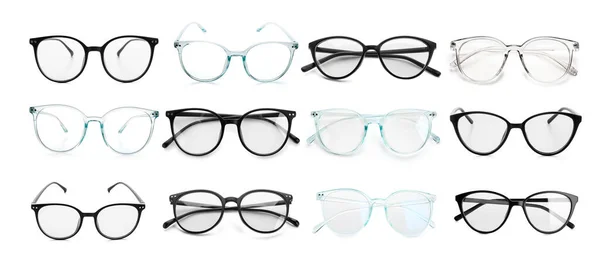 Beyaz Arkaplanda Şık Gözlük Koleksiyonu — Stok fotoğraf
