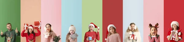 Grupp Olika Människor Firar Jul Färg Bakgrund — Stockfoto