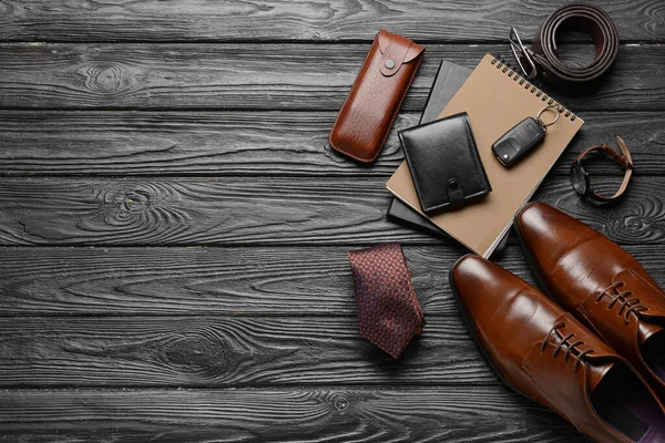 Set Stylish Male Accessories Dark Wooden Background — Stock Photo, Image