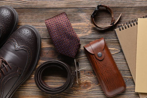 Set Stylish Male Accessories Wooden Background — Stock Photo, Image
