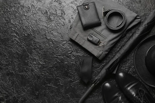 Set Stylish Male Accessories Clothes Dark Background — Stock Photo, Image
