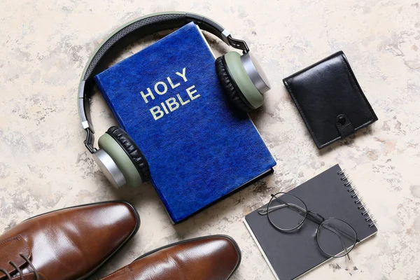 Holy Bible Male Shoes Modern Headphones Light Background — Stock Photo, Image