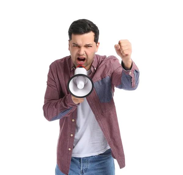 Protesting Young Man Megaphone White Background — Stock Photo, Image