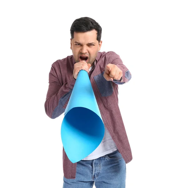 Protestando Jovem Com Megafone Papel Fundo Branco — Fotografia de Stock