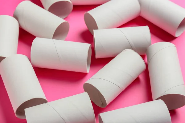 Toilet Paper Cardboard Tubes Pink Background Closeup — Stock Photo, Image