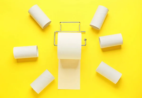 Holder Toilet Paper Roll Cardboard Tubes Yellow Background — Stock Photo, Image