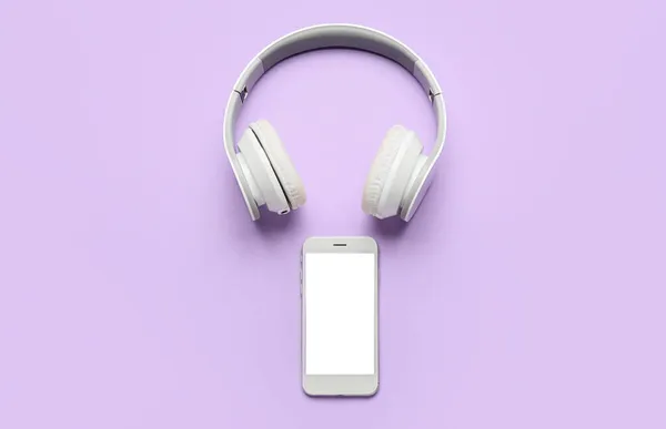 Modern Headphones Mobile Phone Color Background — Stock Photo, Image