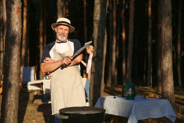 Mature Man Barbecue Party Summer Day — Stock Photo, Image