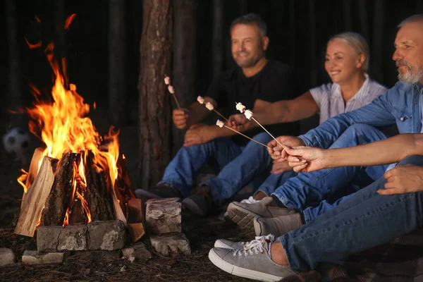 Mature People Roasting Marshmallows Fire Summer Evening — Stock Photo, Image
