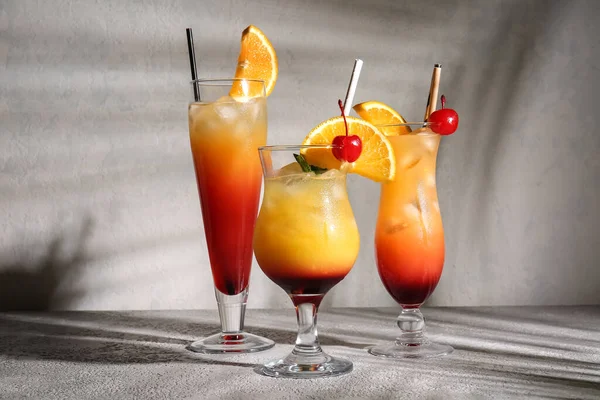 Glasses Tasty Tequila Sunrise Cocktail Light Background — Stock Photo, Image