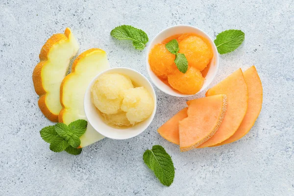 Bowls Tasty Sorbet Melon Slices Mint Light Background — Stock Photo, Image