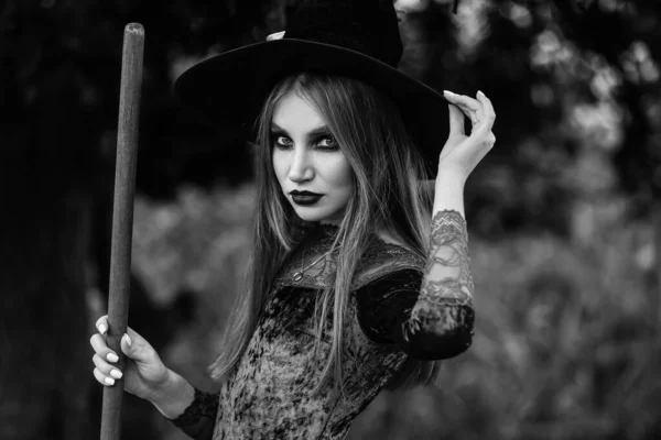 Black White Portrait Beautiful Young Witch Forest — Stock Photo, Image