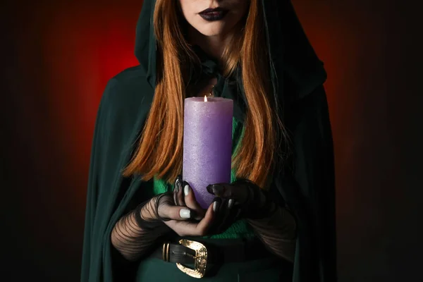 Young Witch Candle Dark Background — Stock Photo, Image