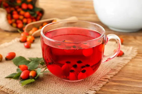 Glass Cup Rose Hip Tea Berries Wooden Background — Stock Photo, Image