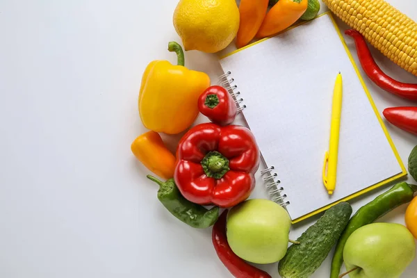 Blank Notebook Pen Vegetables Fruits White Background Vegan Day Closeup — Stock Photo, Image